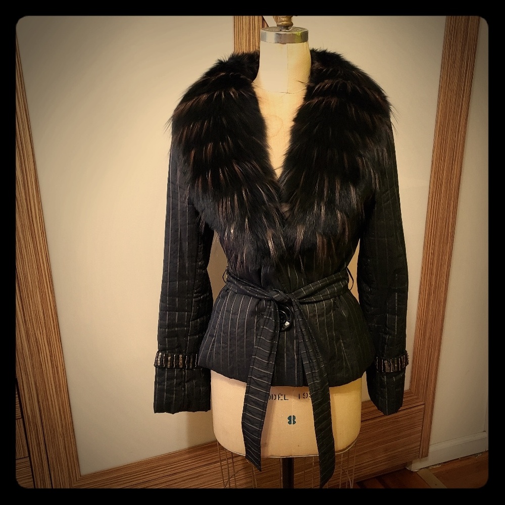 Fox fur black mini jacket with belt Size USA 4-6